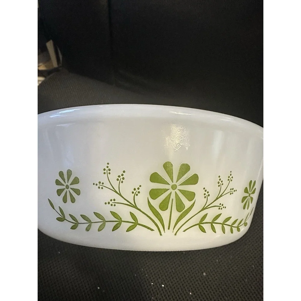 Glasbake Casserole Dish 2QT White Green Floral Daisy Vintage Milk Glass with Lid